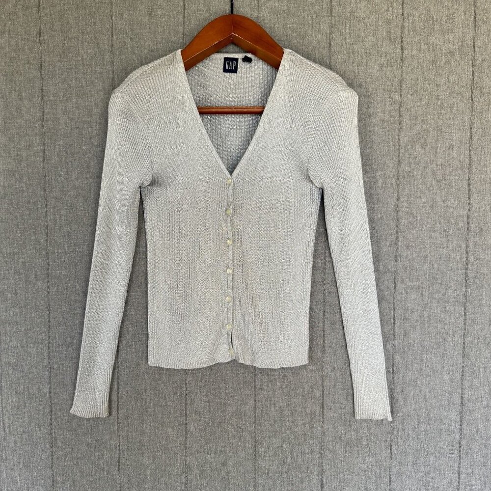 90s Vintage Gap Silver Metallic V Neck Button Up Ribbed Knit Cardigan‎ Size M